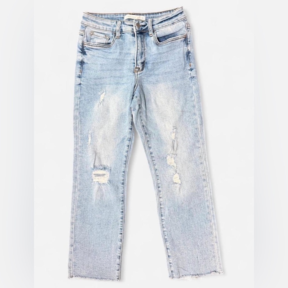 Altar'd State High Waisted Straight Leg Distressed Jeans Light Wash Size 26